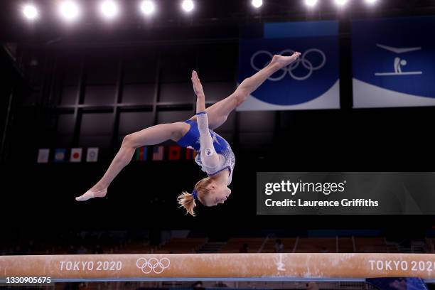 Viktoriia Listunova of Team ROC competes in balance beam during the Women's Team Final on day four of the Tokyo 2020 Olympic Games at Ariake...