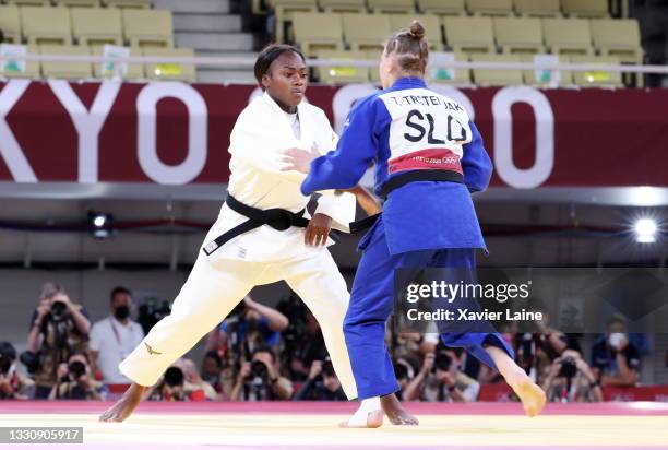 Clarisse Agbegnenou of Team France and Tina Trstenjak of Team Slovenia compete during the Women’s Judo 63kg Final on day four of the Tokyo 2020...