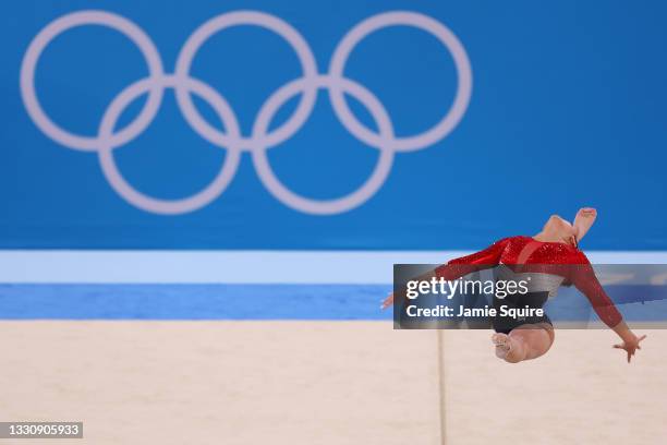 Sunisa Lee of Team United States competes on floor exercise during the Women's Team Final on day four of the Tokyo 2020 Olympic Games at Ariake...