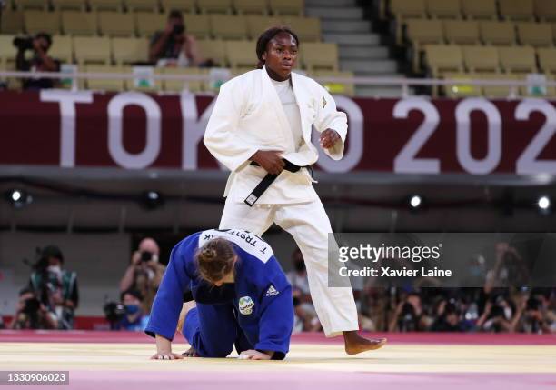 Clarisse Agbegnenou of Team France and Tina Trstenjak of Team Slovenia compete during the Women’s Judo 63kg Final on day four of the Tokyo 2020...