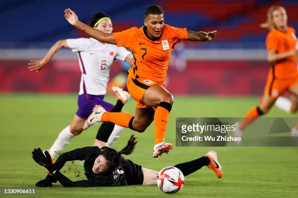 Shanice van de Sanden of Team Netherlands shoots the ball during the Women's Group F match between Netherlands and China on day four of the Tokyo...