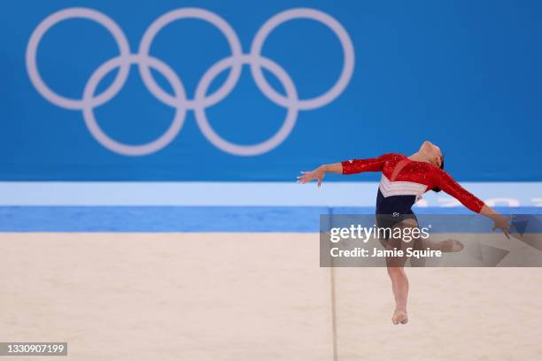 Sunisa Lee of Team United States competes in floor routine during the Women's Team Final on day four of the Tokyo 2020 Olympic Games at Ariake...