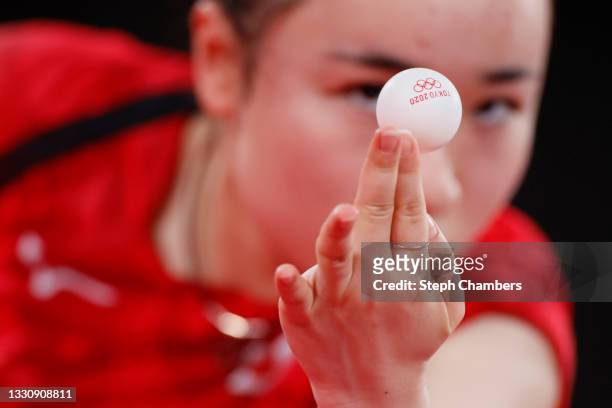 Ito Mima of Team Japan serves the ball during her Women's Singles Round of 16 match on day four of the Tokyo 2020 Olympic Games at Tokyo Metropolitan...