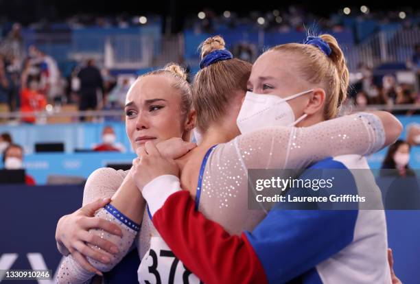 Team ROC reacts after winning the gold medal during the Women's Team Final on day four of the Tokyo 2020 Olympic Games at Ariake Gymnastics Centre on...