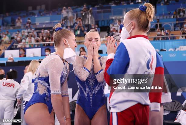 Team ROC reacts after winning the gold medal during the Women's Team Final on day four of the Tokyo 2020 Olympic Games at Ariake Gymnastics Centre on...