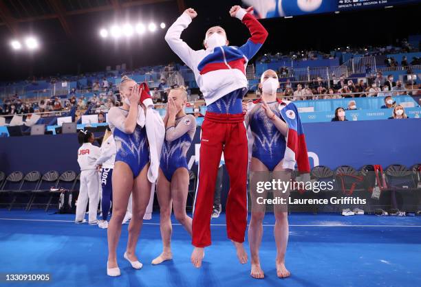 Team ROC reacts after winning the gold medal during the Women's Team Final on day four of the Tokyo 2020 Olympic Games at Ariake Gymnastics Centre on...