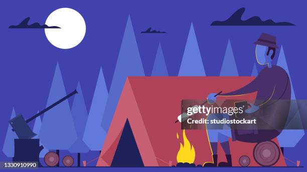 man roasting marshmallow over campfire - roasting marshmallow stock illustrations