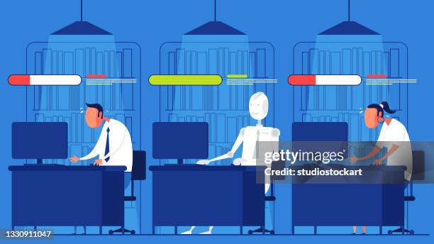 business people and robot working in office - cad screen stock illustrations