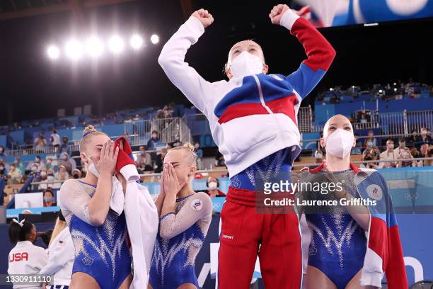Team ROC reacts after during the Women's Team Final on day four of the Tokyo 2020 Olympic Games at Ariake Gymnastics Centre on July 27, 2021 in...