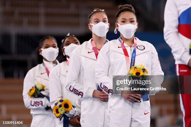 Team United States looks on from the podium after winning the silver medal during the Women's Team Final on day four of the Tokyo 2020 Olympic Games...