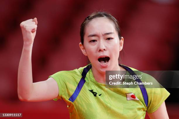 Kasumi Ishikawa of Team Japan reacts during her Women's Singles Round of 16 match on day four of the Tokyo 2020 Olympic Games at Tokyo Metropolitan...