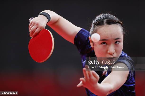 Ito Mima of Team Japan serves the ball during her Women's Singles Round 3 match on day four of the Tokyo 2020 Olympic Games at Tokyo Metropolitan...