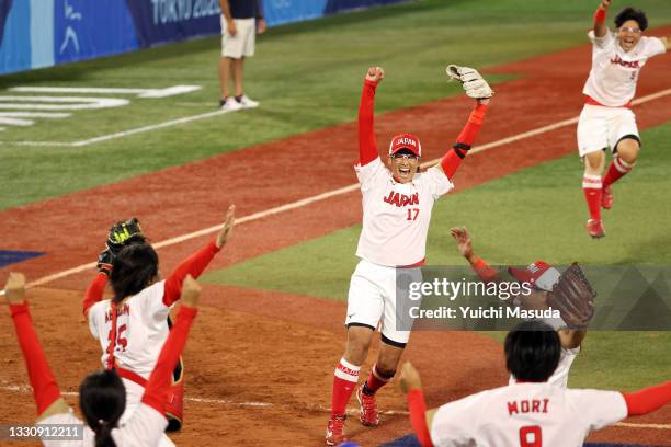 Yukiko Ueno of Team Japan reacts to the final out to defeat Team United States 2-0 in the Softball Gold Medal Game between Team Japan and Team United...