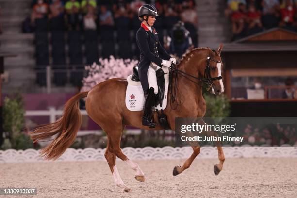 Charlotte Dujardin of Team Great Britain riding Gio competes in the Dressage Team Grand Prix Special Team Final on day four of the Tokyo 2020 Olympic...