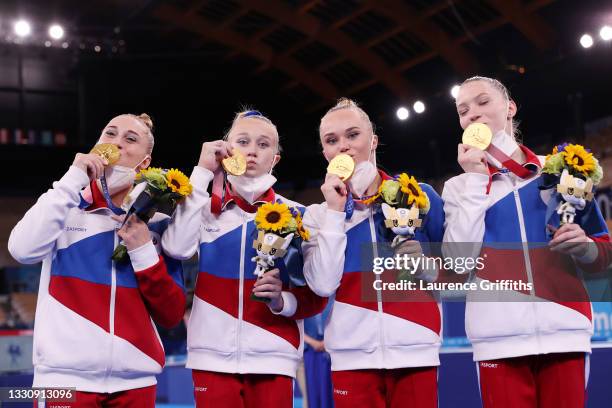 Team ROC celebrates after winning the gold medal during the Women's Team Final on day four of the Tokyo 2020 Olympic Games at Ariake Gymnastics...