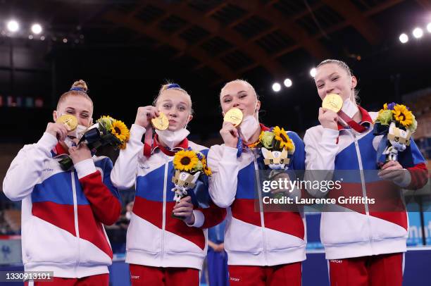 Team ROC celebrates after winning the gold medal during the Women's Team Final on day four of the Tokyo 2020 Olympic Games at Ariake Gymnastics...