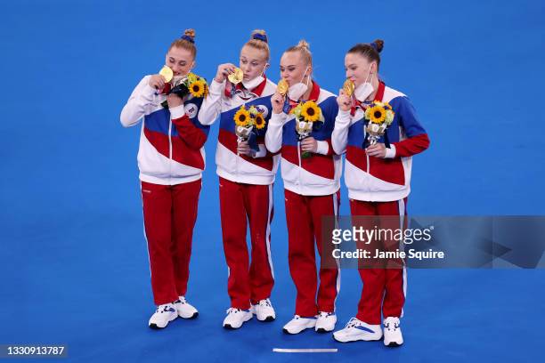 Team ROC celebrates after winning the gold medal during the Women's Team Final on day four of the Tokyo 2020 Olympic Games at Ariake Gymnastics...