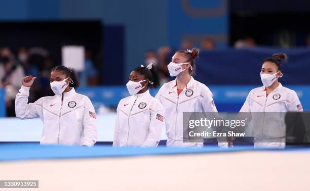 Team United States walks to the podium after winning the silver medal during the Women's Team Final on day four of the Tokyo 2020 Olympic Games at...