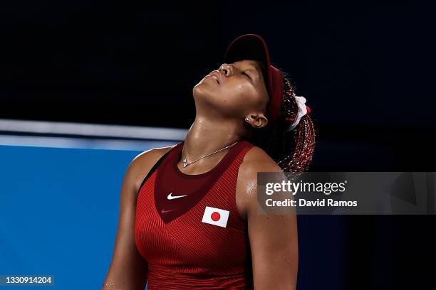 Naomi Osaka of Team Japan reacts after a point during her Women's Singles Third Round match against Marketa Vondrousova of Team Czech Republic on day...