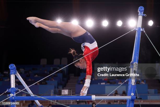 Sunisa Lee of Team United States competes in the uneven bars during the Women's Team Final on day four of the Tokyo 2020 Olympic Games at Ariake...