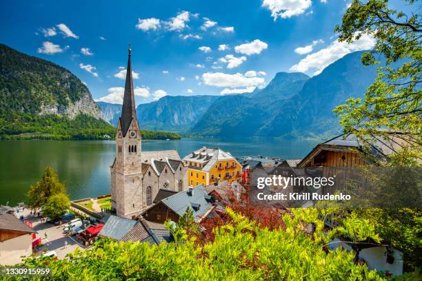 town of hallstatt on a bright summer day - central eastern alps stock pictures, royalty-free photos & images