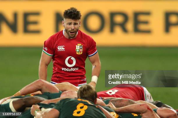 Ali Price of the British & Irish Lions directs from the back of the scrum during the 1st test at Cape Town Stadium on July 24, 2021 in Cape Town,...