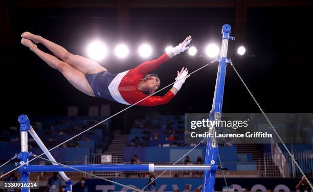 Sunisa Lee of Team United States competes in the uneven bars during the Women's Team Final on day four of the Tokyo 2020 Olympic Games at Ariake...