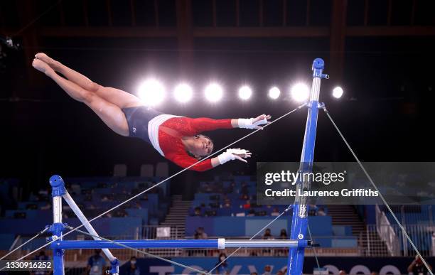 Sunisa Lee of Team United States competes in the uneven bars during the Women's Team Final on day four of the Tokyo 2020 Olympic Games at Ariake...