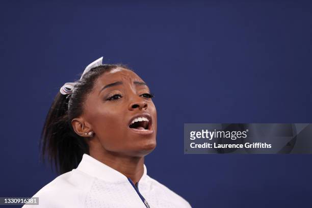 Simone Biles of Team United States reacts during the Women's Team Final on day four of the Tokyo 2020 Olympic Games at Ariake Gymnastics Centre on...