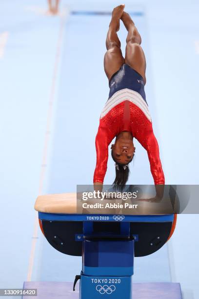 Simone Biles of Team United States competes on vault during the Women's team final on day four of the Tokyo 2020 Olympic Games at Ariake Gymnastics...