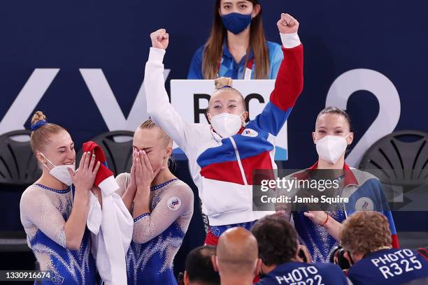 Team ROC celebrates winning the gold medal during the Women's Team Final on day four of the Tokyo 2020 Olympic Games at Ariake Gymnastics Centre on...