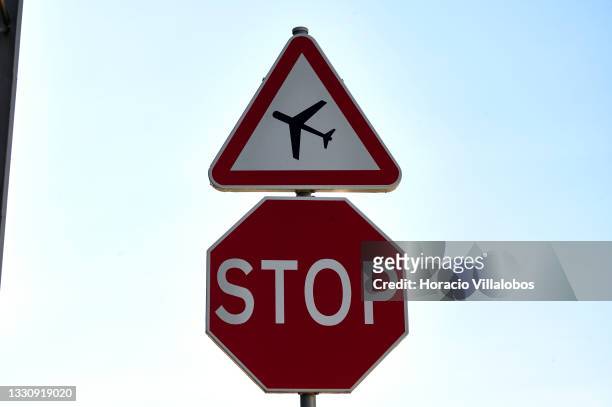 Airplane and Stop signs seen at the tarmac entrance while HA-LHU - Airbus A330-243F - Wizz Air arrives in Figo Maduro Air Force Base to deliver 200...