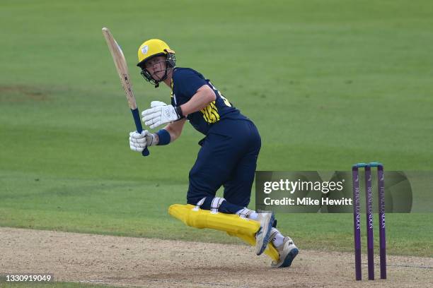 Nick Gubbins of Hampshire hits out on his way to a century during the Royal London Cup match between Hampshire and Sussex at Ageas Bowl on July 27,...
