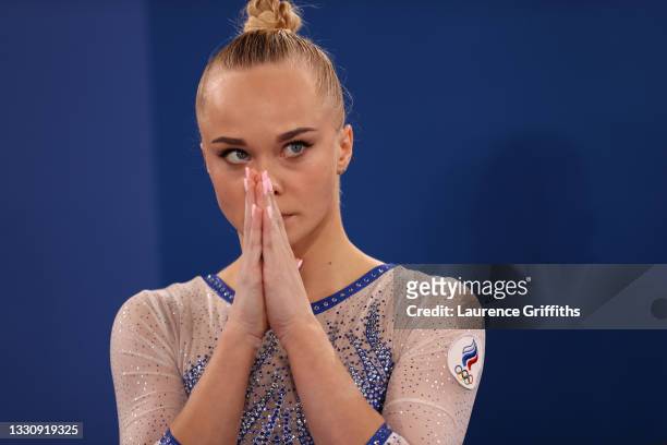 Angelina Melnikova of Team ROC looks on during the Women's Team Final on day four of the Tokyo 2020 Olympic Games at Ariake Gymnastics Centre on July...