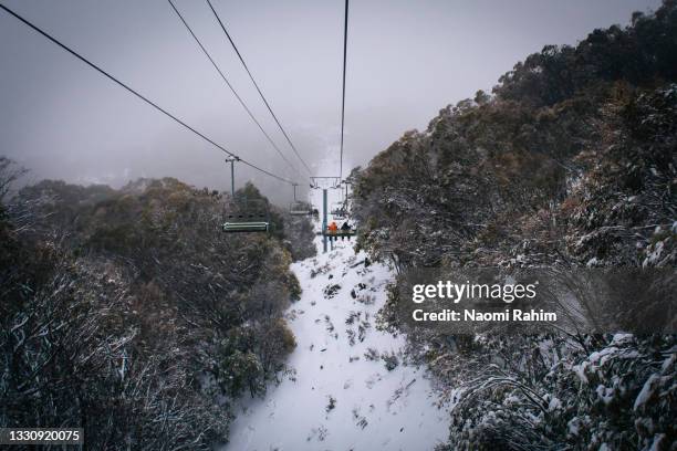 scenic chairlift over snow-covered forest mount buller - winter skiing australia stock-fotos und bilder