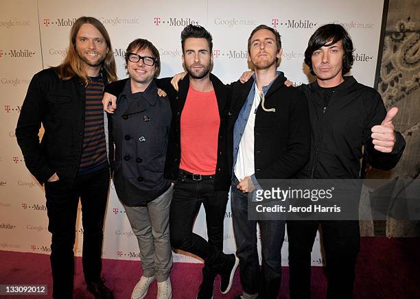 Musicians James Valentine, Mickey Madden, Adam Levine, Jesse Carmichael, and Matt Flynn of Maroon 5 arrive on the T-Mobile magenta carpet for the...
