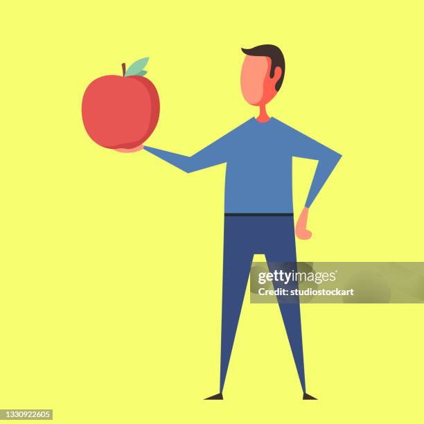 man holds apple - man ready to eat stock illustrations