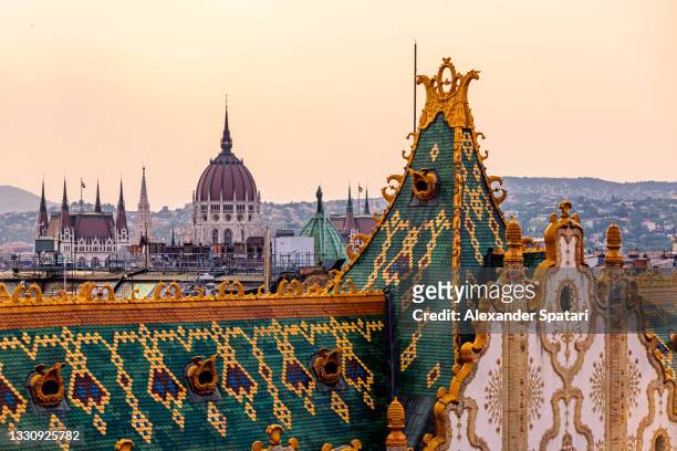 budapest skyline with hungarian parliament and rooftop of hungarian state treasury - budapest skyline stock pictures, royalty-free photos & images
