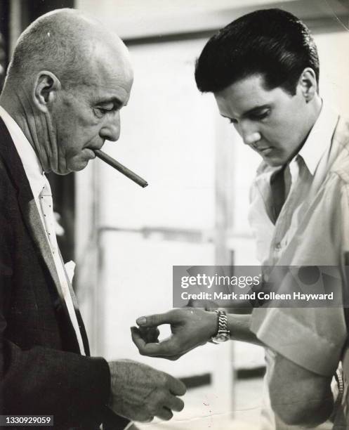 Elvis Presley pictured with manager Colonel Tom Parker, United States, 1957.