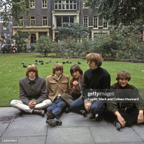 Group portrait of American folk rock band The Byrds in Soho Square, London, 1966. L-R Michael Clarke, Chris Hillman, Gene Clark, Roger McGuinn, David...