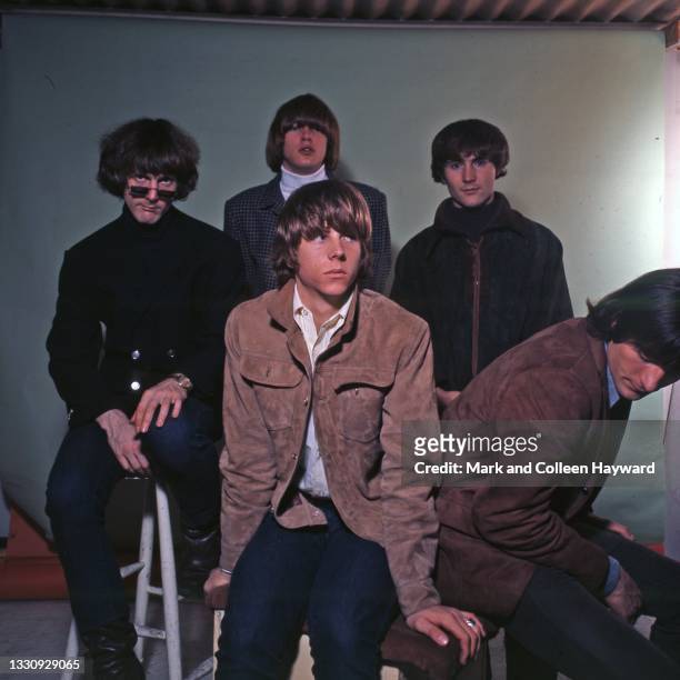 Studio group portrait of American folk rock band The Byrds in Soho, London, 1966. L-R Roger McGuinn, Michael Clarke, Chris Hillman, David Crosby,...