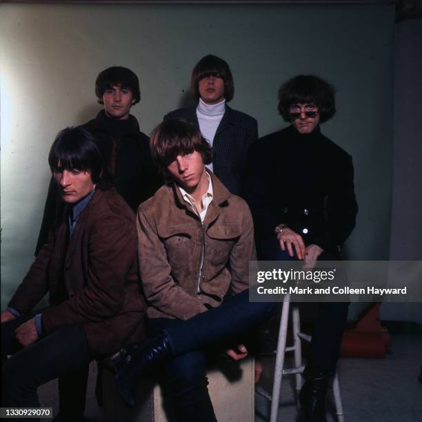 Studio group portrait of American folk rock band The Byrds in Soho, London, 1966. L-R Gene Clark, David Crosby, Chris Hillman, Michael Clarke, Roger...