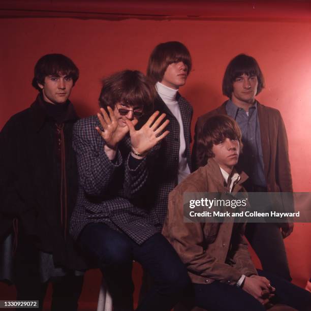 Studio group portrait of American folk rock band The Byrds in Soho, London, 1966. L-R David Crosby, Roger McGuinn, Michael Clarke, Chris Hillman,...