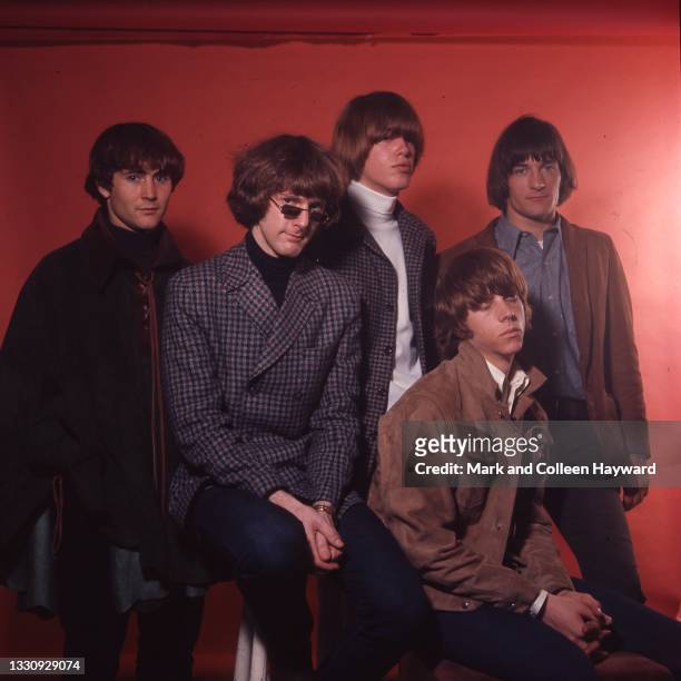 Studio group portrait of American folk rock band The Byrds in Soho, London, 1966. L-R David Crosby, Roger McGuinn, Michael Clarke, Chris Hillman,...