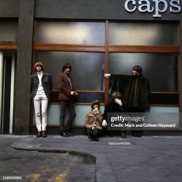 Group portrait of American folk rock band The Byrds in Soho Square, London, 1966. L-R Michael Clarke, Gene Clark, Chris Hillman, Roger McGuinn, David...