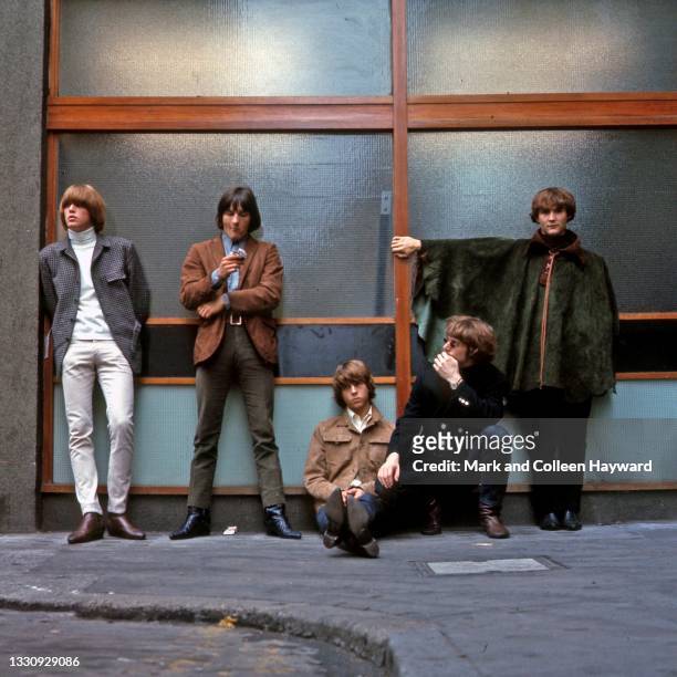 Group portrait of American folk rock band The Byrds in Soho Square, London, 1966. L-R Michael Clarke, Gene Clark, Chris Hillman, Roger McGuinn, David...