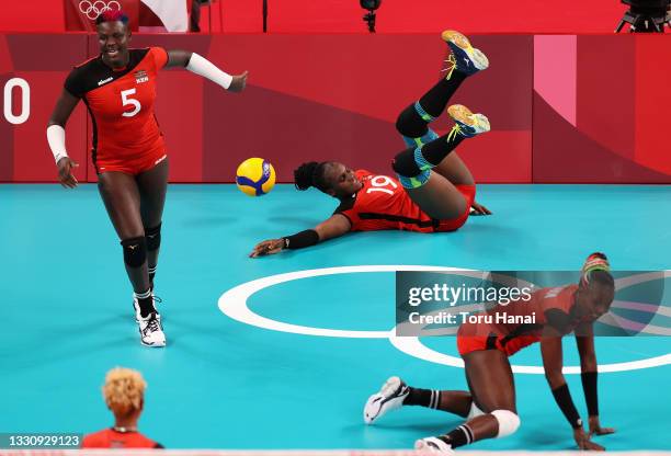 Edith Mukuvilani of Team Kenya falls against Team South Korea during the Women's Preliminary - Pool A volleyball on day four of the Tokyo 2020...