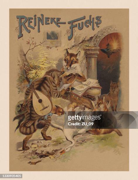 reineke fuchs (engl.: reynard the fox), chromolithograph, published in 1898 - literature stock illustrations
