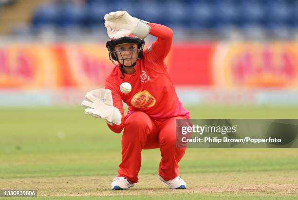 Sarah Taylor of Welsh Fire catches the ball during The Hundred match between Welsh Fire and Southern Brave at Sophia Gardens on July 27, 2021 in...