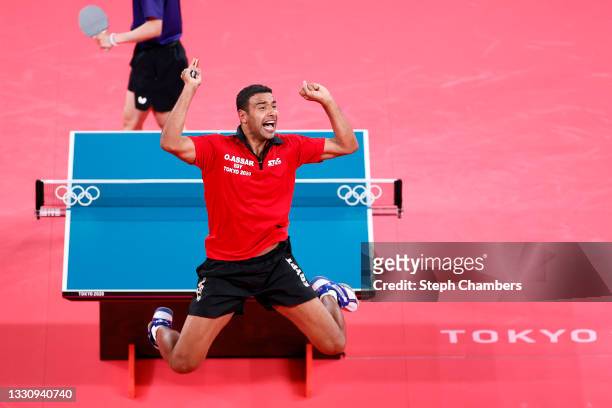 Omar Assar of Team Egypt celebrates winning his Men's Singles Round of 16 match on day four of the Tokyo 2020 Olympic Games at Tokyo Metropolitan...